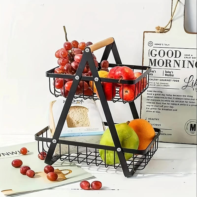 Cesto organizador de frutas multi-capas para cocina, de tres niveles con malla fina. Canasta de almacenamiento portátil y multifuncional para frutas, snacks y uso en el hogar.