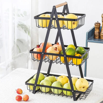 Cesto organizador de frutas multi-capas para cocina, de tres niveles con malla fina. Canasta de almacenamiento portátil y multifuncional para frutas, snacks y uso en el hogar.