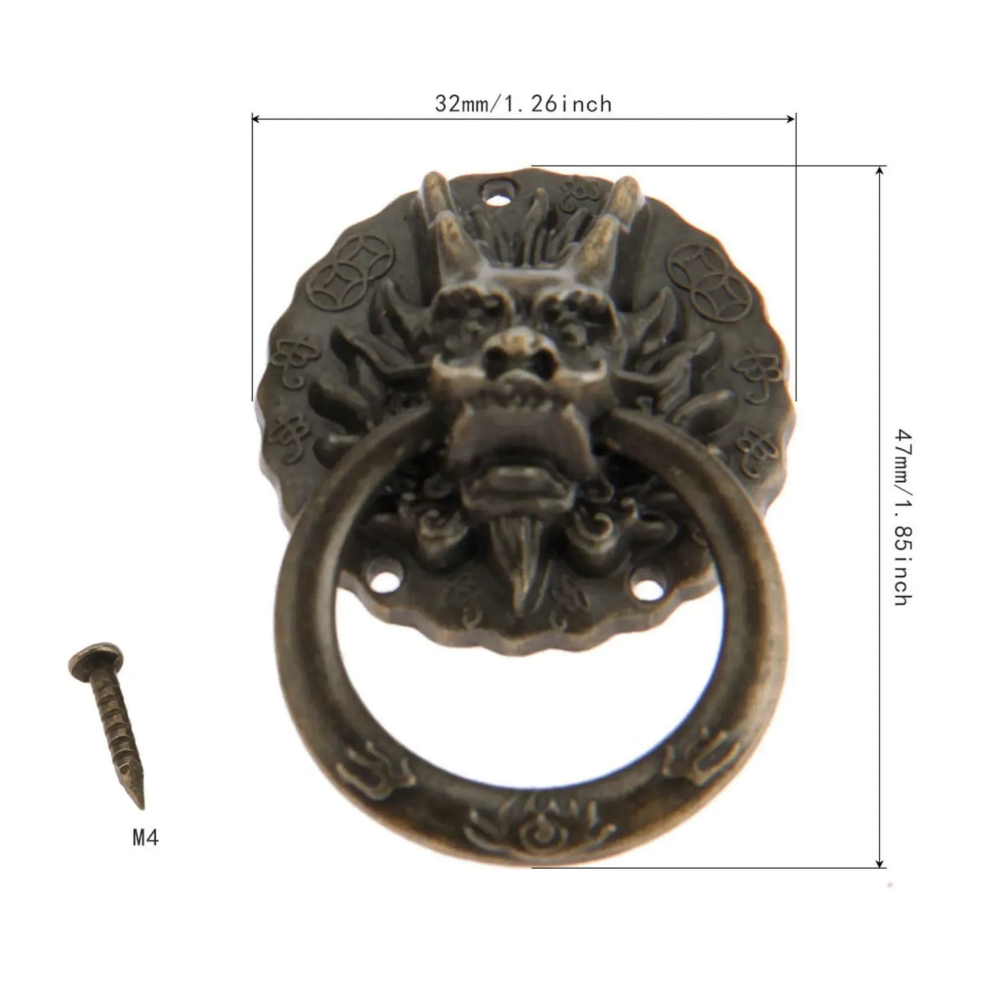Par de Tiradores Manijas Cabeza de Dragón Bronce Antiguo Estilo Chino Vintage