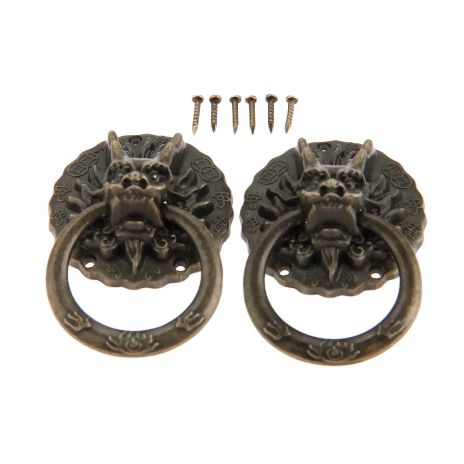 Par de Tiradores Manijas Cabeza de Dragón Bronce Antiguo Estilo Chino Vintage