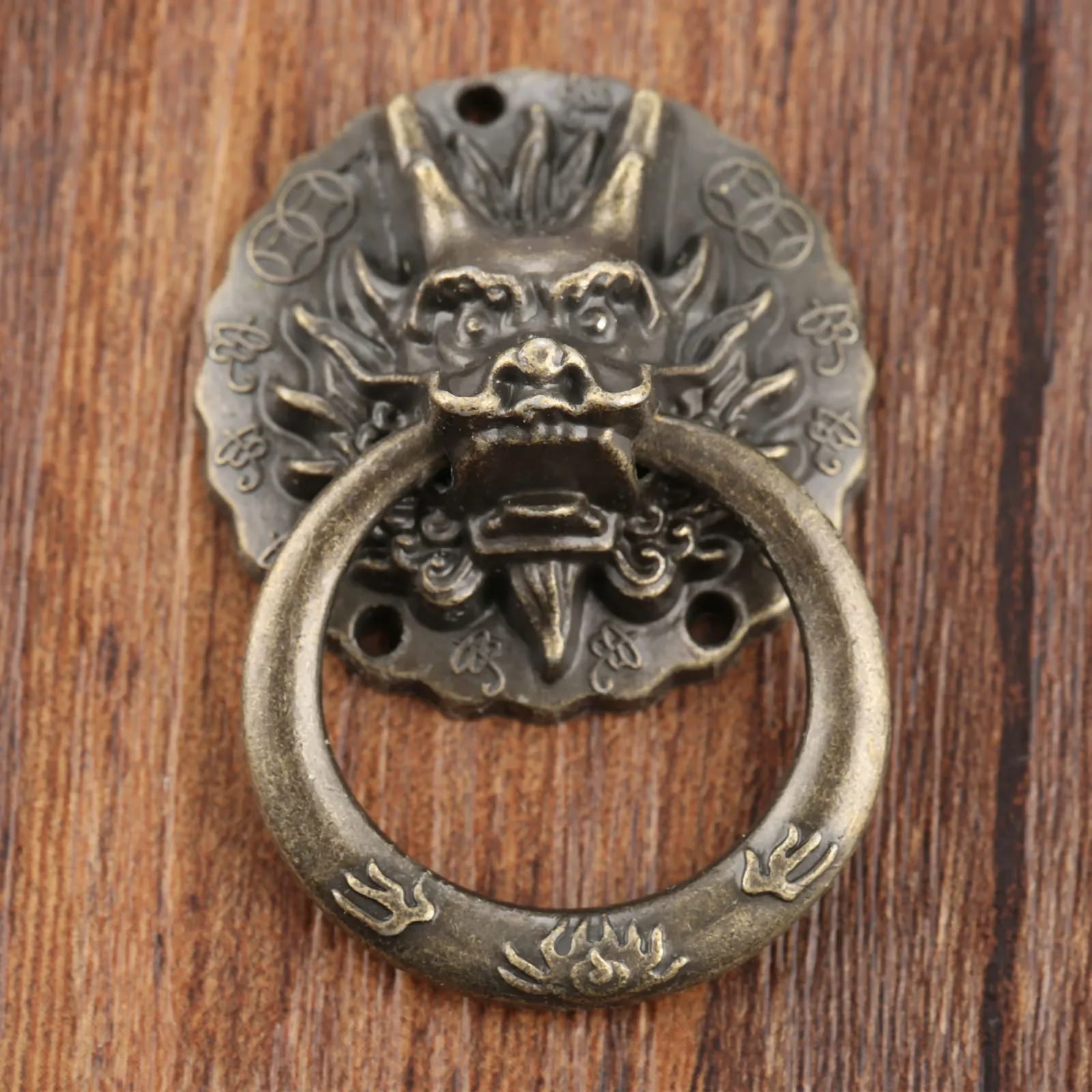 Par de Tiradores Manijas Cabeza de Dragón Bronce Antiguo Estilo Chino Vintage