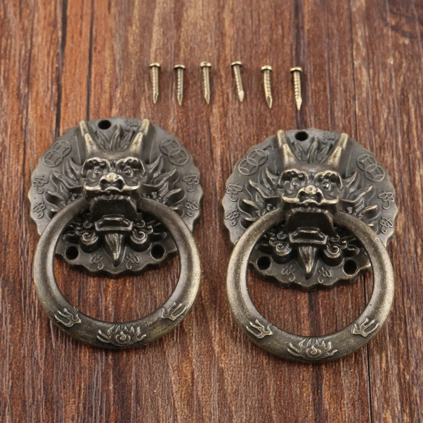 Par de Tiradores Manijas Cabeza de Dragón Bronce Antiguo Estilo Chino Vintage