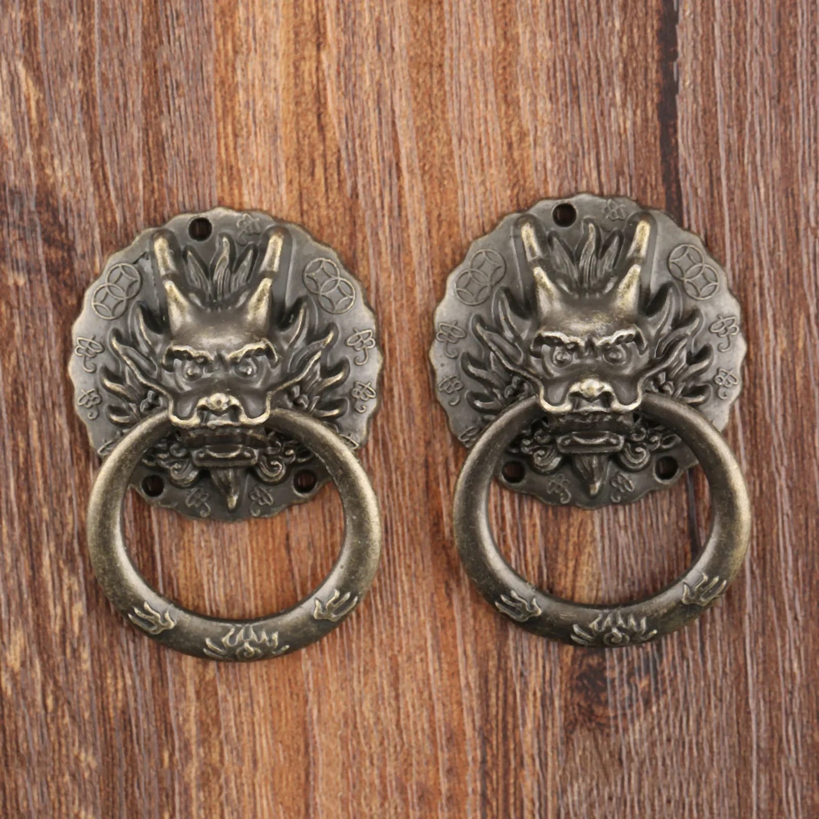 Par de Tiradores Manijas Cabeza de Dragón Bronce Antiguo Estilo Chino Vintage