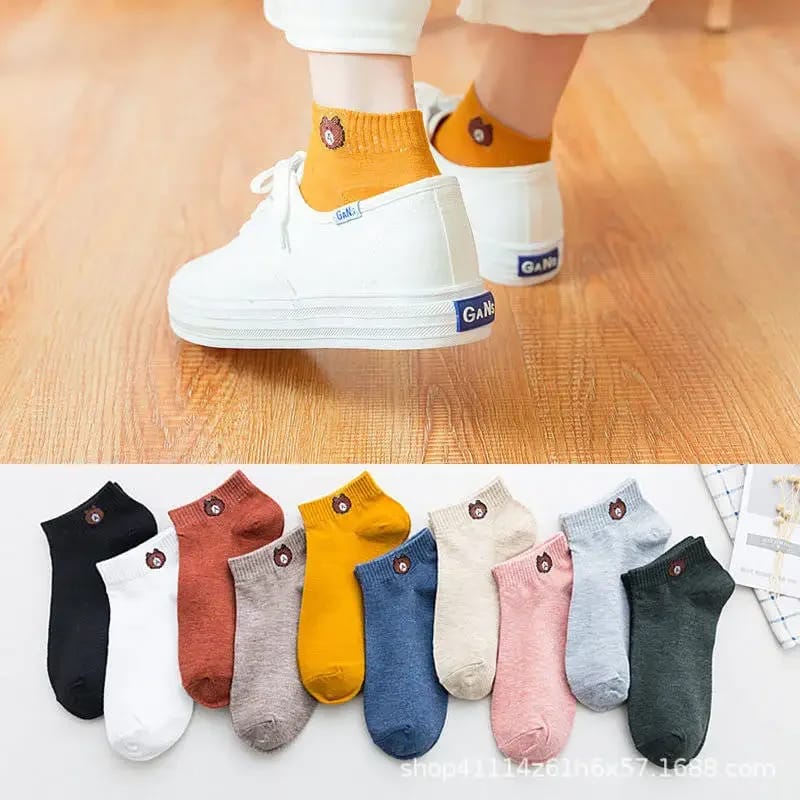 Set de 10 Pares de Soquetes de Mujer con Diseño de Osito. Medias Transpirables y Cómodas para Estilo Casual.