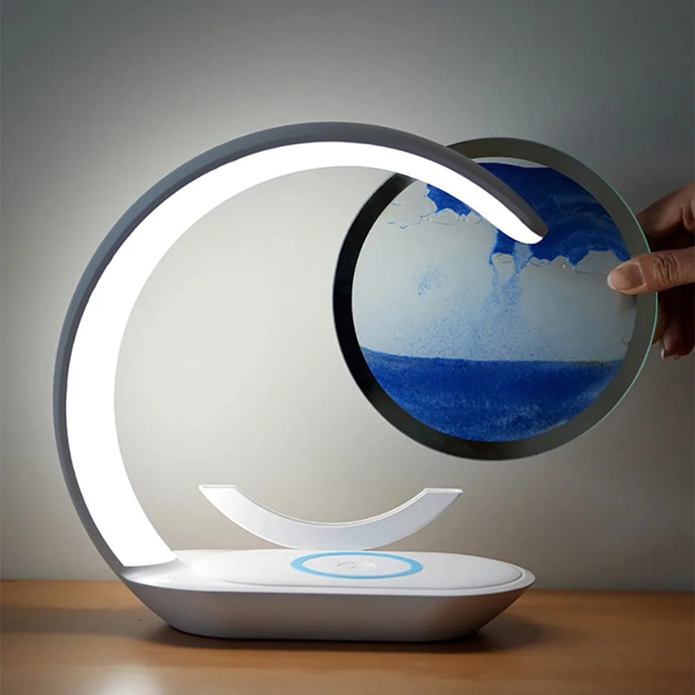 Lampara de Mesa con Arena Movediza y Carga Inalámbrica, Lámpara de Escritorio Reloj de Arena 3D, Luz Nocturna de Pintura de Arena para Oficina y Decoración.