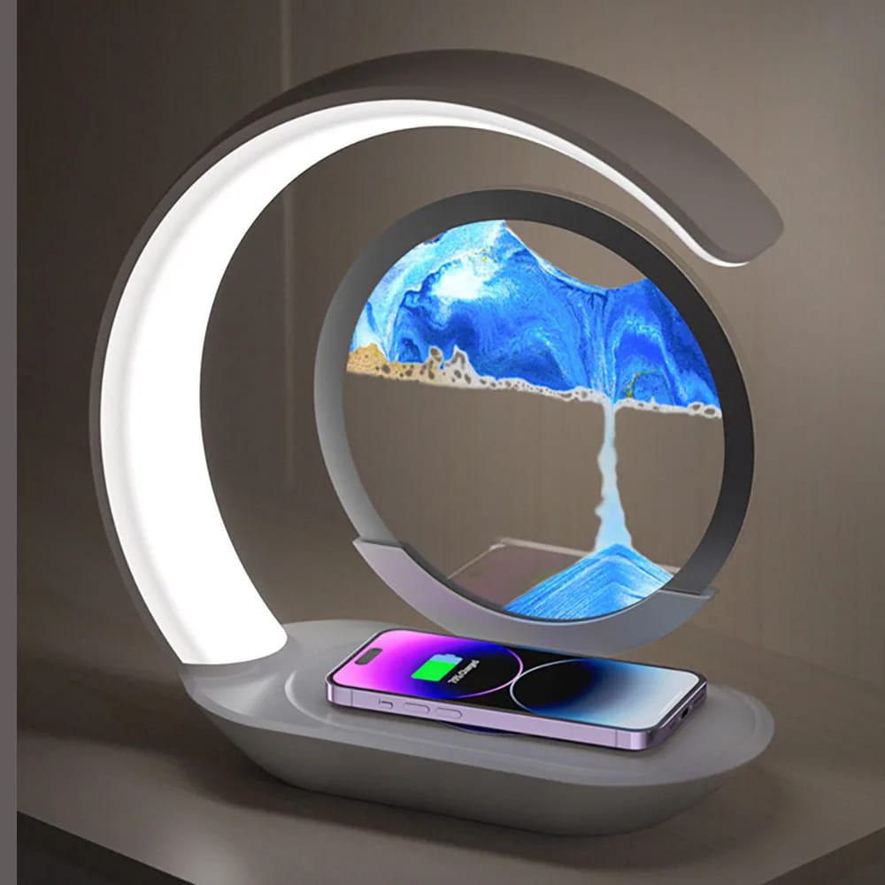 Lampara de Mesa con Arena Movediza y Carga Inalámbrica, Lámpara de Escritorio Reloj de Arena 3D, Luz Nocturna de Pintura de Arena para Oficina y Decoración.
