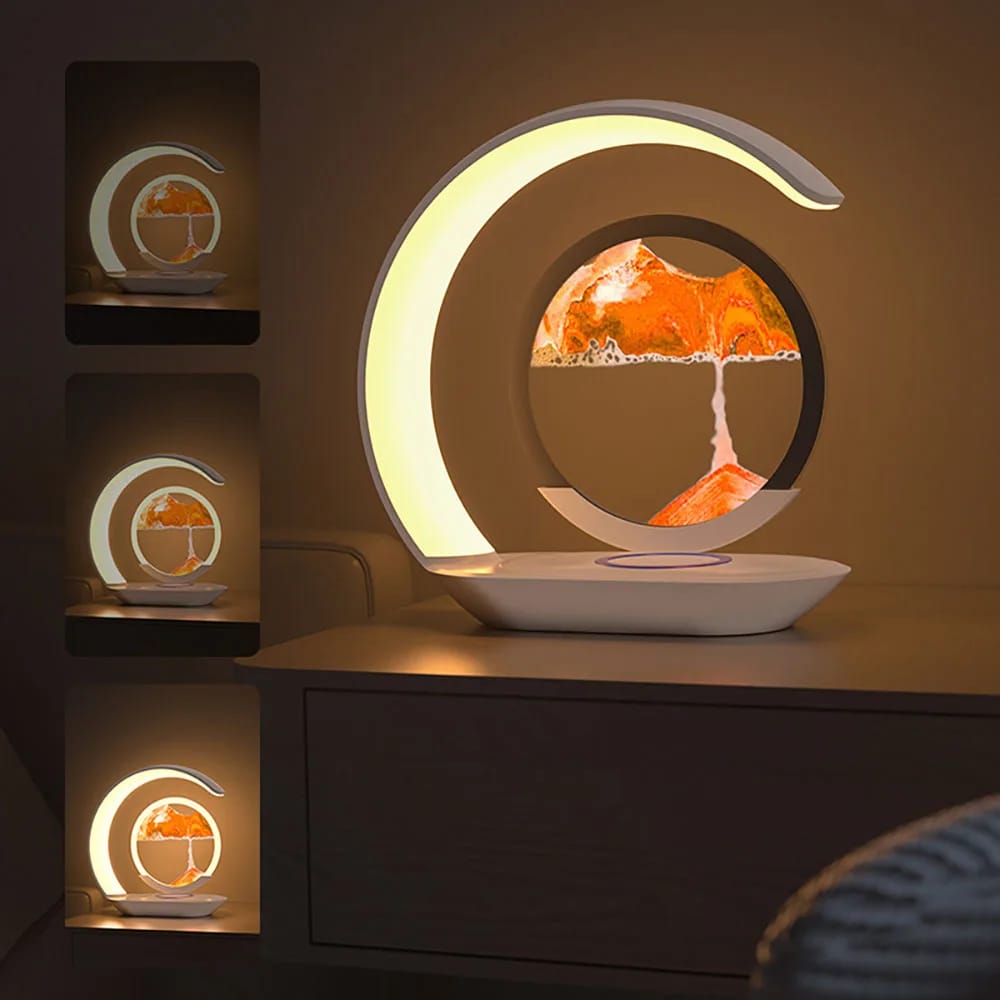 Lampara de Mesa con Arena Movediza y Carga Inalámbrica, Lámpara de Escritorio Reloj de Arena 3D, Luz Nocturna de Pintura de Arena para Oficina y Decoración.