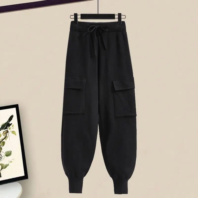 Conjunto Casual Elegante de Dos Piezas para Mujer: Suéter Tejido con Lazo y Pantalón. Ideal para Invierno y Media Estación.