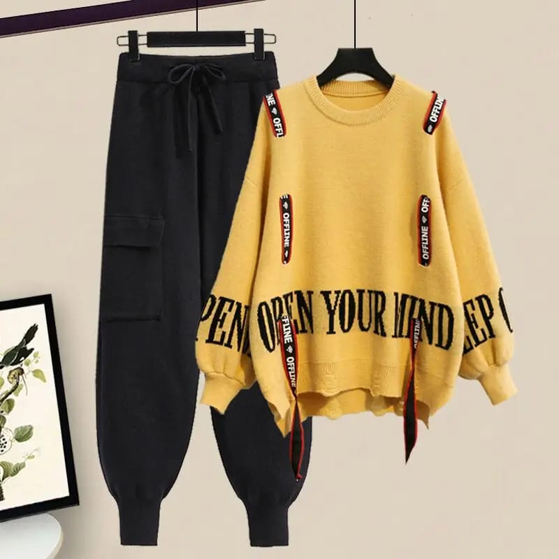 Conjunto Casual Elegante de Dos Piezas para Mujer: Suéter Tejido con Lazo y Pantalón. Ideal para Invierno y Media Estación.