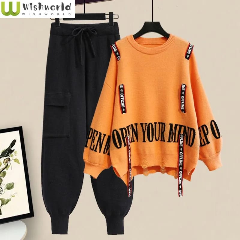 Conjunto Casual Elegante de Dos Piezas para Mujer: Suéter Tejido con Lazo y Pantalón. Ideal para Invierno y Media Estación.
