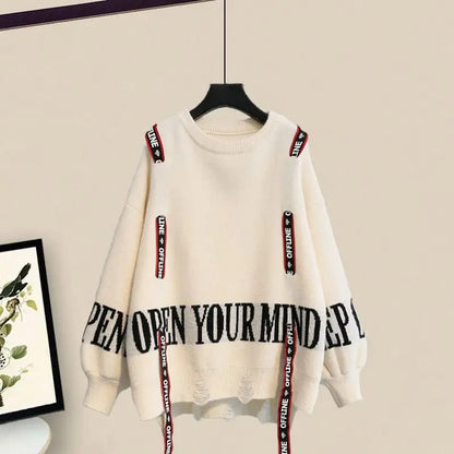 Conjunto Casual Elegante de Dos Piezas para Mujer: Suéter Tejido con Lazo y Pantalón. Ideal para Invierno y Media Estación.
