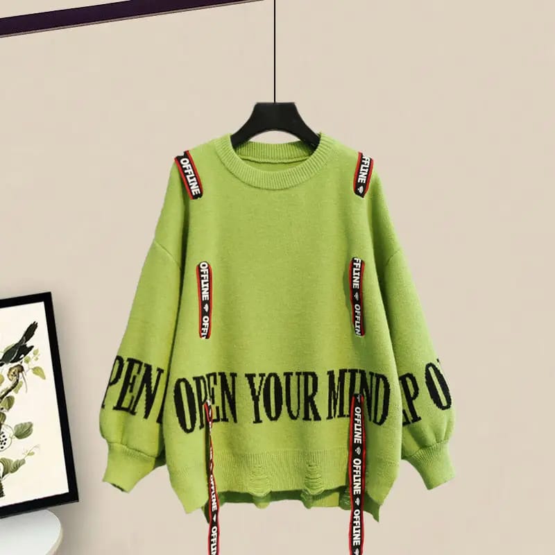 Conjunto Casual Elegante de Dos Piezas para Mujer: Suéter Tejido con Lazo y Pantalón. Ideal para Invierno y Media Estación.