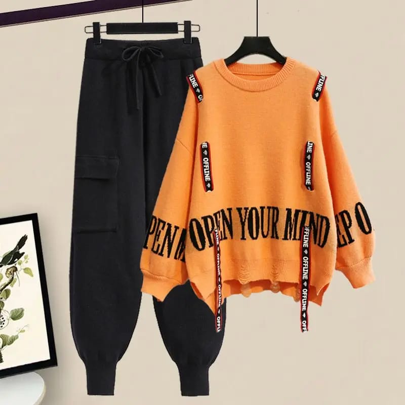 Conjunto Casual Elegante de Dos Piezas para Mujer: Suéter Tejido con Lazo y Pantalón. Ideal para Invierno y Media Estación.