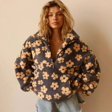 TARUXY Fashion Floral Faux Lambswool Sweatshirt Women's Casual Zipper Pocket Loose Pullover Sweatshirt Autumn Festive Clothing