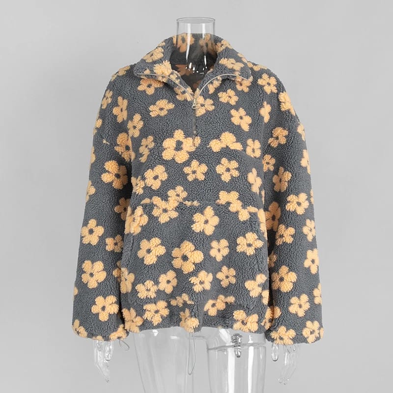TARUXY Fashion Floral Faux Lambswool Sweatshirt Women's Casual Zipper Pocket Loose Pullover Sweatshirt Autumn Festive Clothing