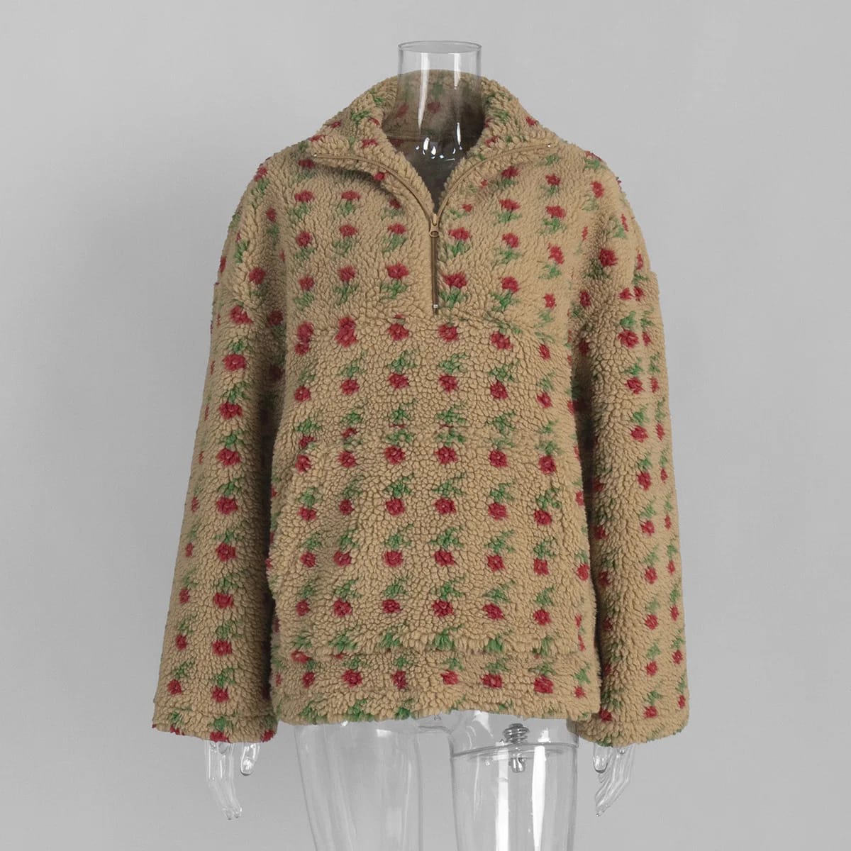 TARUXY Fashion Floral Faux Lambswool Sweatshirt Women's Casual Zipper Pocket Loose Pullover Sweatshirt Autumn Festive Clothing