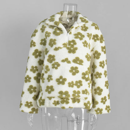 TARUXY Fashion Floral Faux Lambswool Sweatshirt Women's Casual Zipper Pocket Loose Pullover Sweatshirt Autumn Festive Clothing