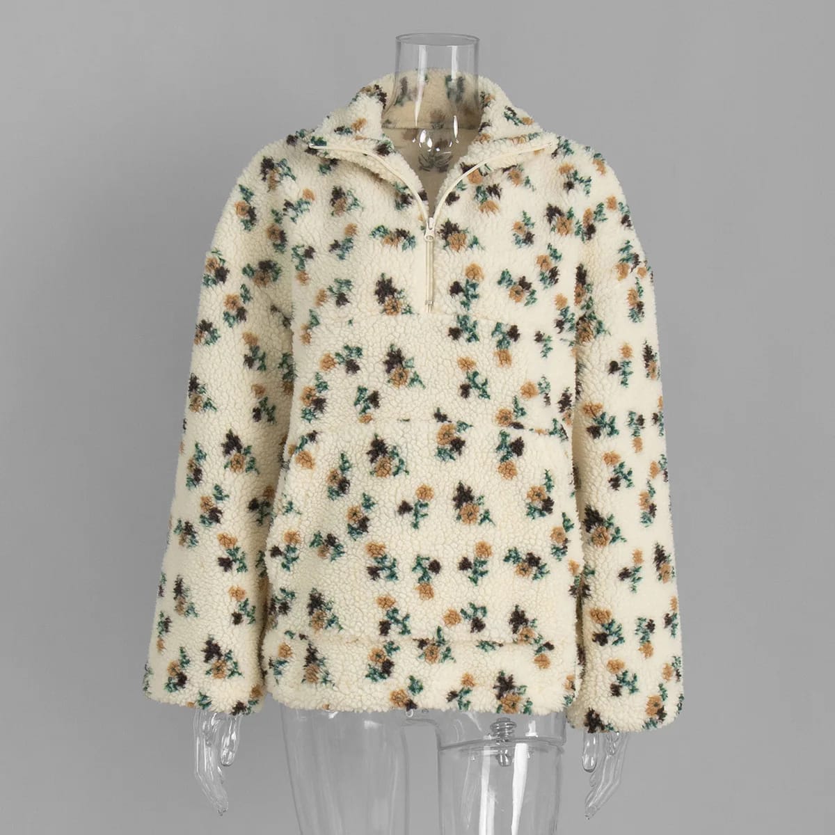 TARUXY Fashion Floral Faux Lambswool Sweatshirt Women's Casual Zipper Pocket Loose Pullover Sweatshirt Autumn Festive Clothing