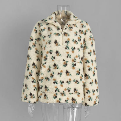 TARUXY Fashion Floral Faux Lambswool Sweatshirt Women's Casual Zipper Pocket Loose Pullover Sweatshirt Autumn Festive Clothing