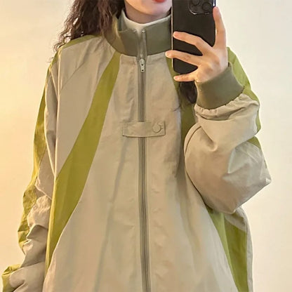 Retro Contrasting Color Splicing Design Stand Collar Baseball Uniform Jacket for Women's Autumn New Loose Jacket