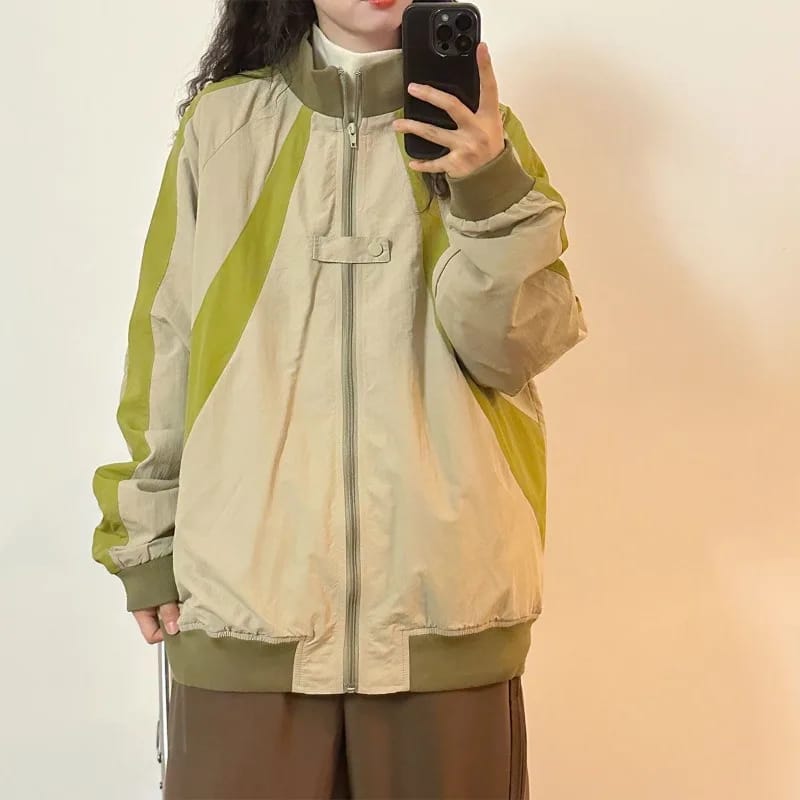Retro Contrasting Color Splicing Design Stand Collar Baseball Uniform Jacket for Women's Autumn New Loose Jacket