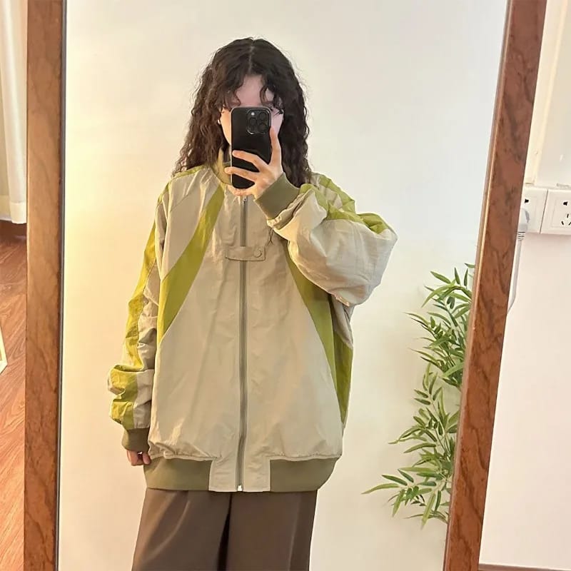 Retro Contrasting Color Splicing Design Stand Collar Baseball Uniform Jacket for Women's Autumn New Loose Jacket