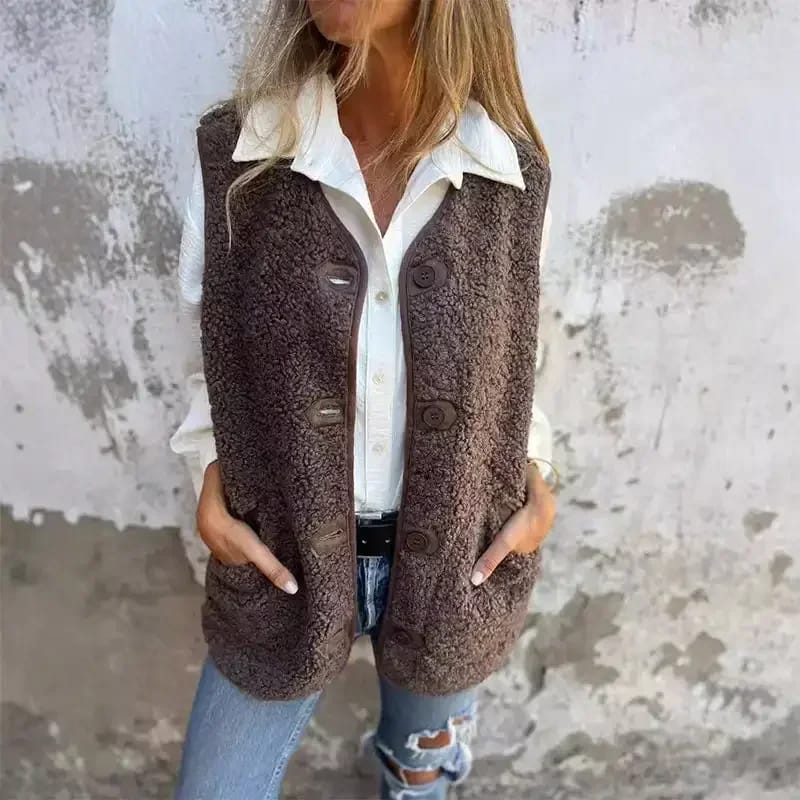 Chaleco de Polar para Mujer, Cuello V, con Botones y Bolsillos. Diseño Liso, Sin Mangas, Suave y Abrigo. Perfecto para Otoño Invierno Casual, Estilo Sherpa.