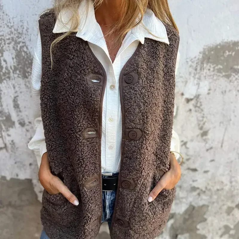 Chaleco de Polar para Mujer, Cuello V, con Botones y Bolsillos. Diseño Liso, Sin Mangas, Suave y Abrigo. Perfecto para Otoño Invierno Casual, Estilo Sherpa.
