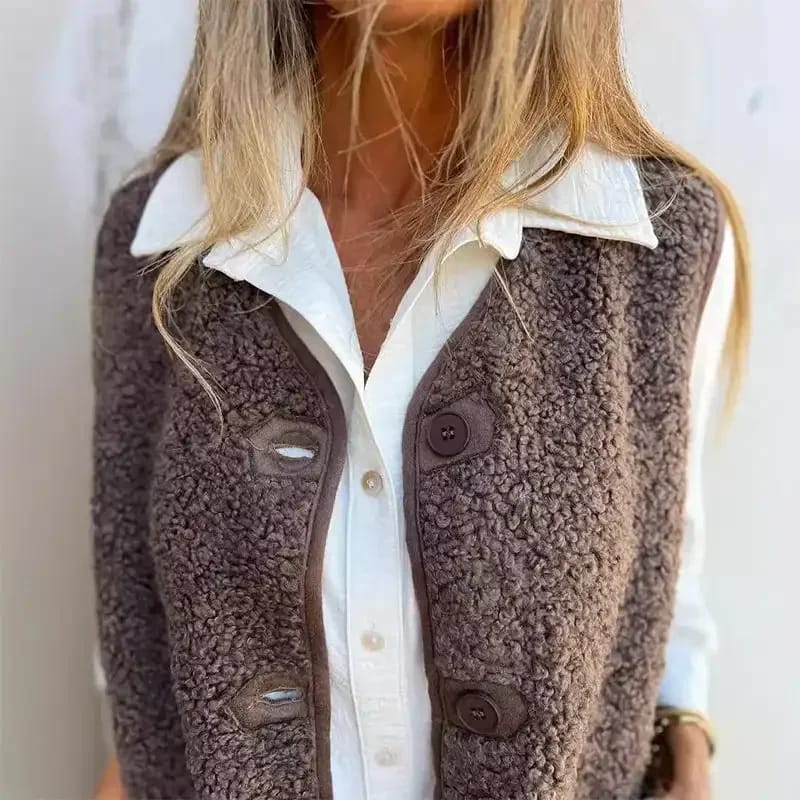 Chaleco de Polar para Mujer, Cuello V, con Botones y Bolsillos. Diseño Liso, Sin Mangas, Suave y Abrigo. Perfecto para Otoño Invierno Casual, Estilo Sherpa.