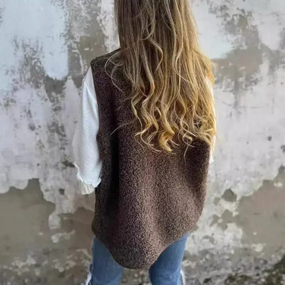 Chaleco de Polar para Mujer, Cuello V, con Botones y Bolsillos. Diseño Liso, Sin Mangas, Suave y Abrigo. Perfecto para Otoño Invierno Casual, Estilo Sherpa.