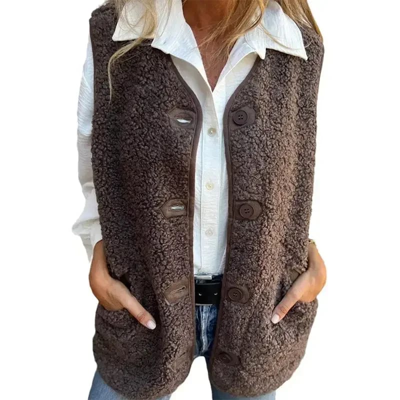Chaleco de Polar para Mujer, Cuello V, con Botones y Bolsillos. Diseño Liso, Sin Mangas, Suave y Abrigo. Perfecto para Otoño Invierno Casual, Estilo Sherpa.