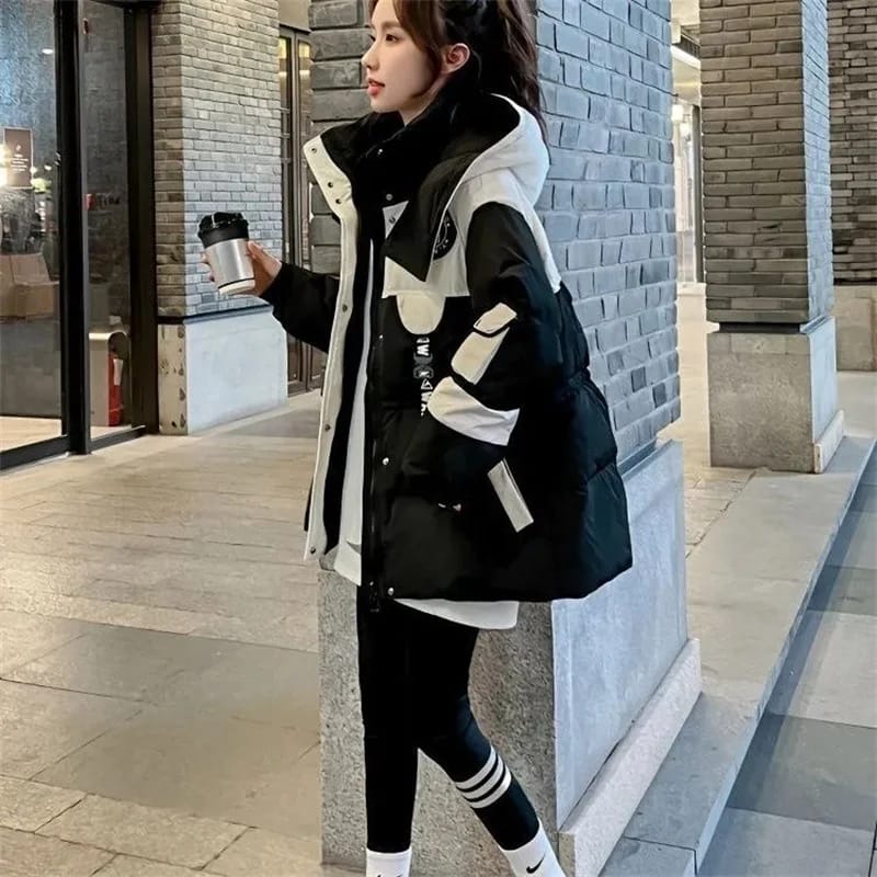 Campera Parka Larga Mujer Negra Oversize con Capucha y Relleno Abrigado