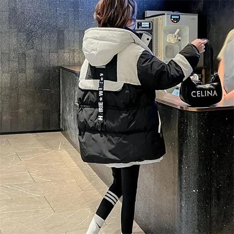 Campera Parka Larga Mujer Negra Oversize con Capucha y Relleno Abrigado