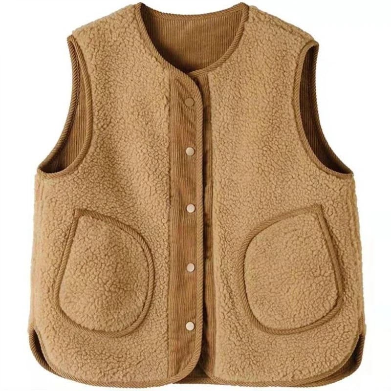 Chaleco de mujer reversible doble capa, con forro de pana, de calce holgado. Ideal para media estación.