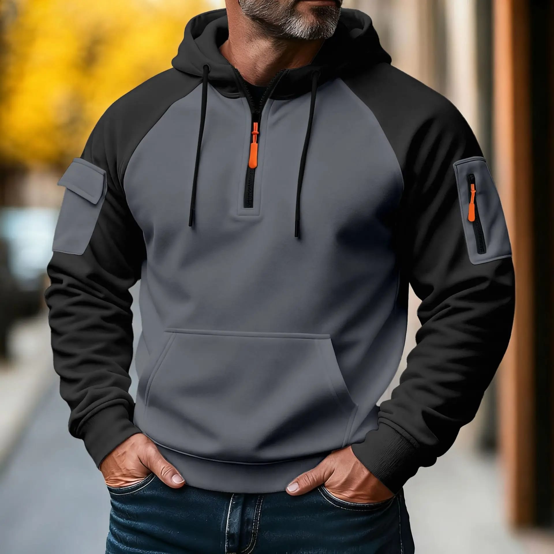 Buzo de hombre moderno para media estación, casual deportivo, con cierre, capucha, manga larga y varios bolsillos.