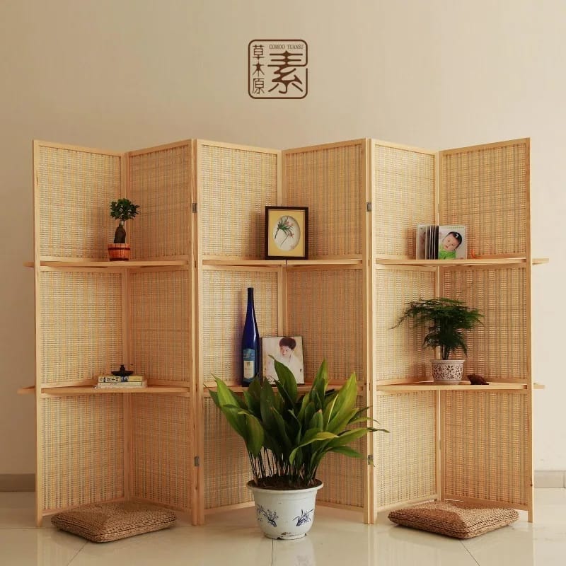 Biombo Divisor de Ambientes Moderno Chino de Madera Maciza con Tejido de Bambú, Plegable y Móvil. Ideal para Living, Dormitorio, Restaurante u Oficina.