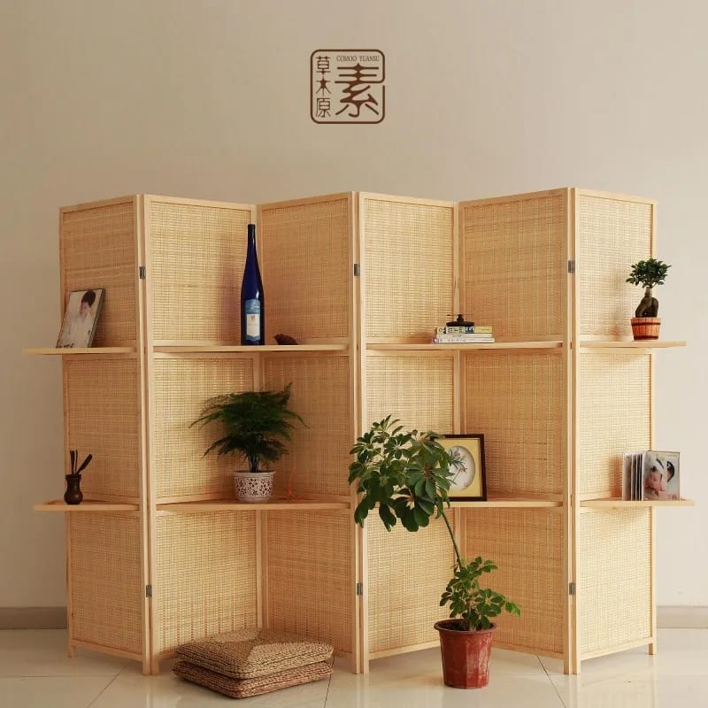 Biombo Divisor de Ambientes Moderno Chino de Madera Maciza con Tejido de Bambú, Plegable y Móvil. Ideal para Living, Dormitorio, Restaurante u Oficina.