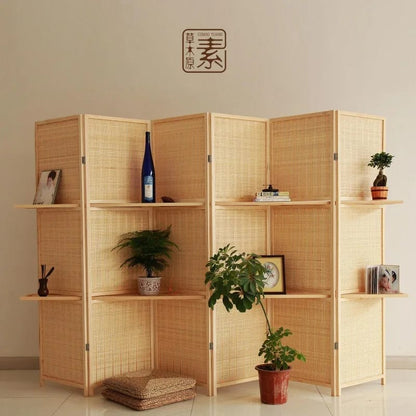 Biombo Divisor de Ambientes Moderno Chino de Madera Maciza con Tejido de Bambú, Plegable y Móvil. Ideal para Living, Dormitorio, Restaurante u Oficina.