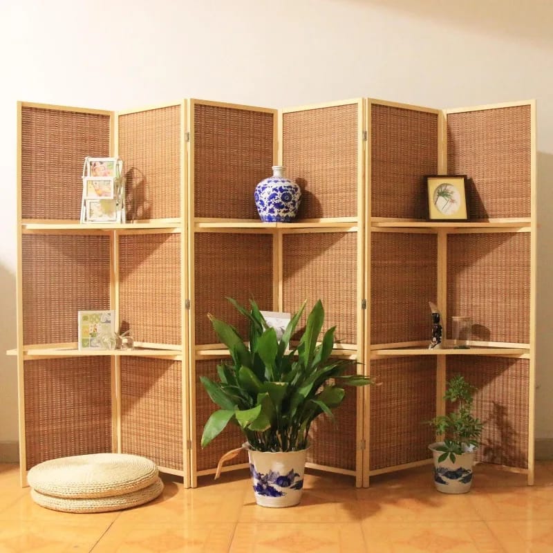 Biombo Divisor de Ambientes Moderno Chino de Madera Maciza con Tejido de Bambú, Plegable y Móvil. Ideal para Living, Dormitorio, Restaurante u Oficina.
