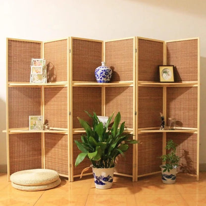Biombo Divisor de Ambientes Moderno Chino de Madera Maciza con Tejido de Bambú, Plegable y Móvil. Ideal para Living, Dormitorio, Restaurante u Oficina.