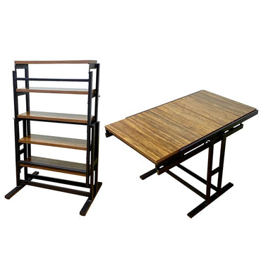 Mesa multifuncional de madera maciza y hierro forjado, apta para hogar u oficina. Diseño plegable, extensible y telescópico para almacenamiento, ideal como mesa de comedor, trabajo o estudio.
