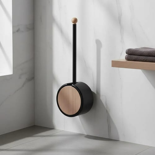 Cepillo de inodoro de pared sin perforar, desmontable, con mango largo y diseño de veta de madera