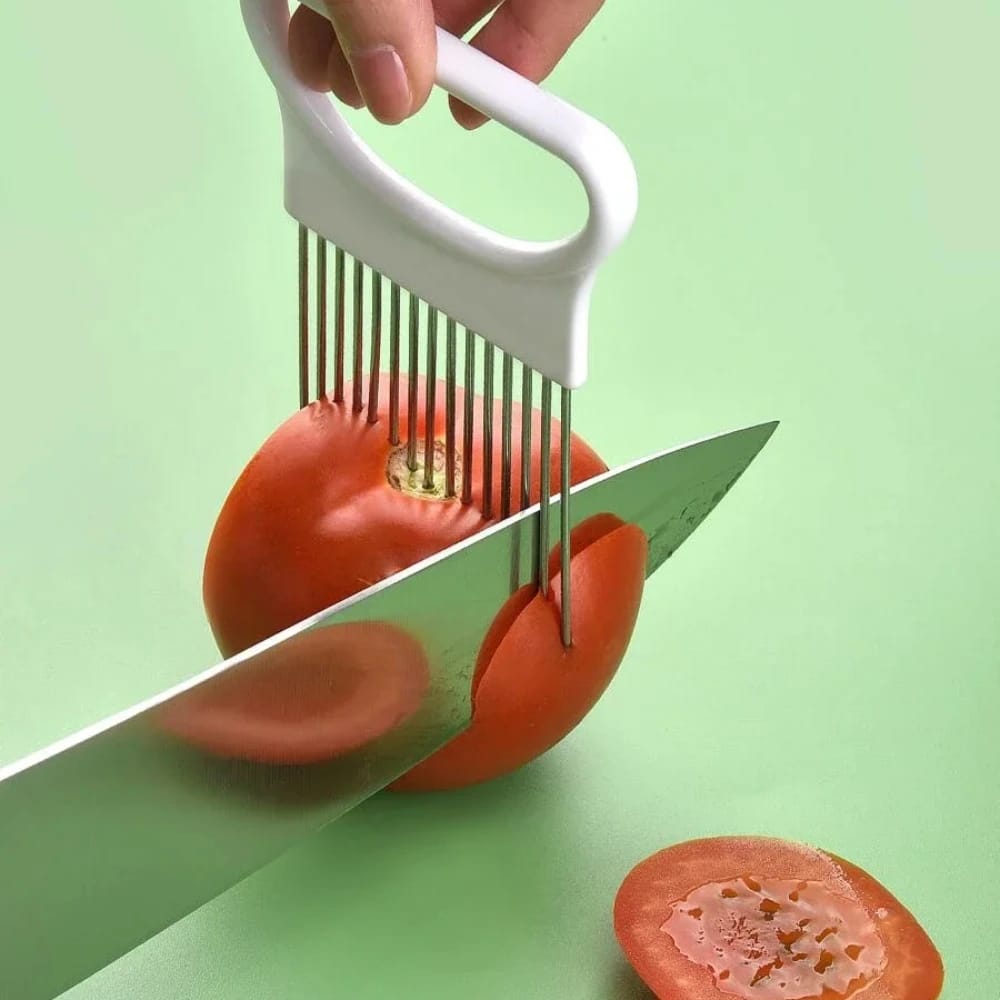 Soporte de Acero Inoxidable para Cortar Cebollas y Papas, Diseño Colorido.