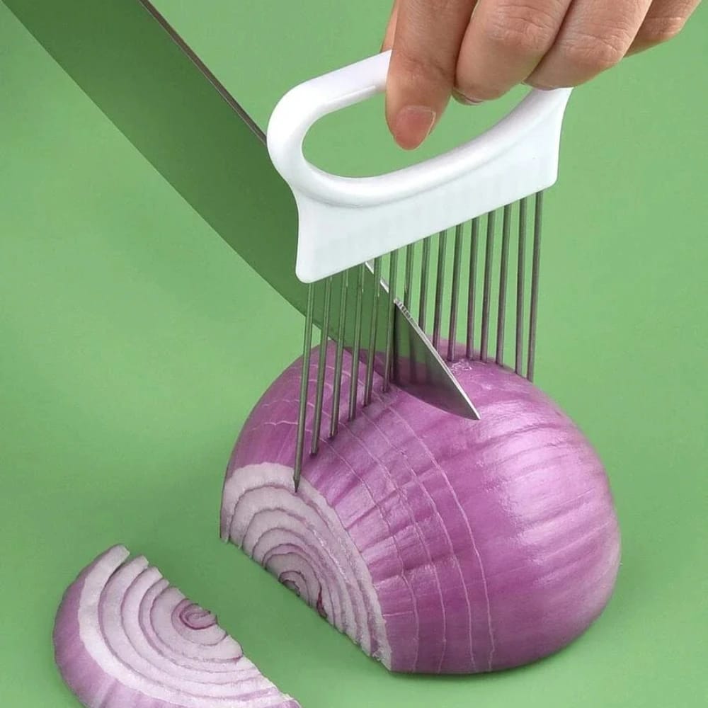 Soporte de Acero Inoxidable para Cortar Cebollas y Papas, Diseño Colorido.