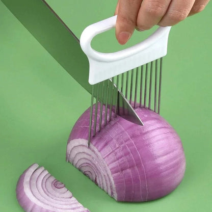 Soporte de Acero Inoxidable para Cortar Cebollas y Papas, Diseño Colorido.