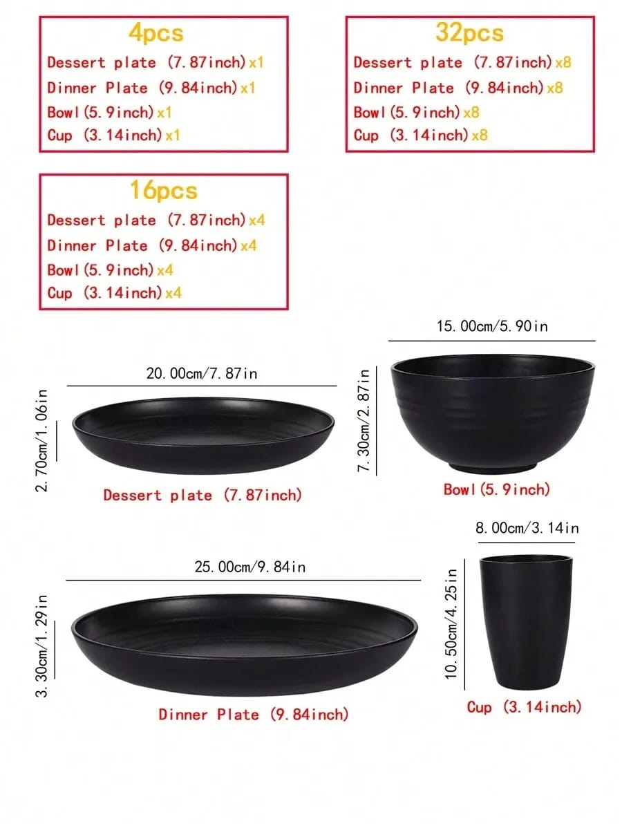 Set de vajilla de plástico reutilizable de 4, 16 o 24 piezas. Incluye platos, bowls y vasos, perfecto para picnics familiares y uso escolar.