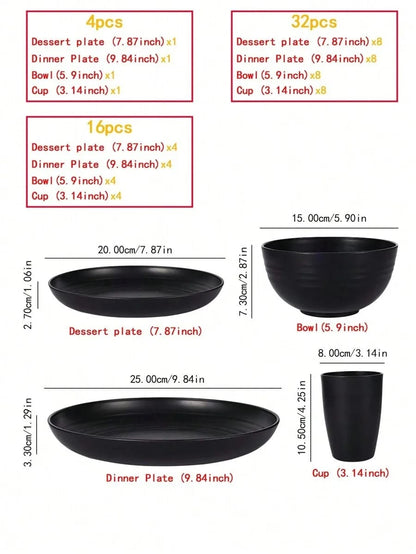 Set de vajilla de plástico reutilizable de 4, 16 o 24 piezas. Incluye platos, bowls y vasos, perfecto para picnics familiares y uso escolar.