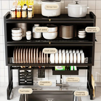 Secaplatos Organizador de Cocina con Porta Cubiertos para Fregadero. De Acero al Carbono Antipolvo, ideal para Platos, Bowls y Tablas de Picar.