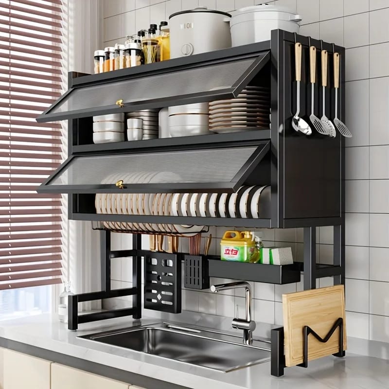 Secaplatos Organizador de Cocina con Porta Cubiertos para Fregadero. De Acero al Carbono Antipolvo, ideal para Platos, Bowls y Tablas de Picar.