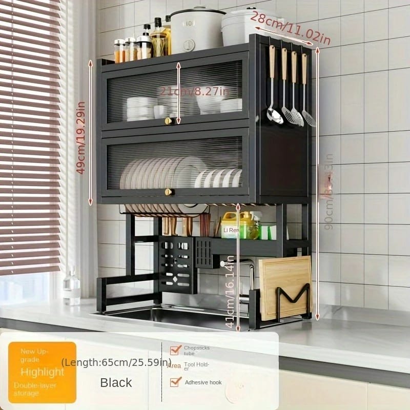 Secaplatos Organizador de Cocina con Porta Cubiertos para Fregadero. De Acero al Carbono Antipolvo, ideal para Platos, Bowls y Tablas de Picar.